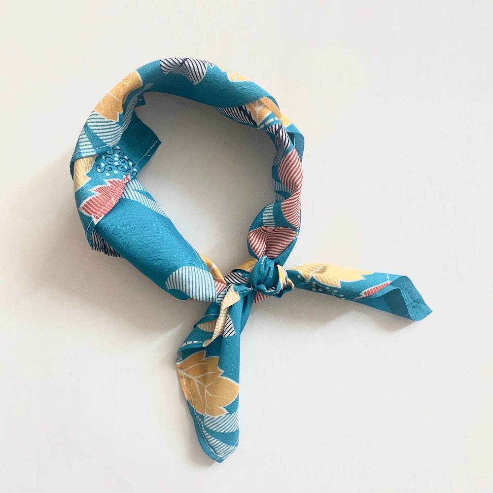 Blue Floral Square Neck Tie Scarf Hair Tie Bandana
